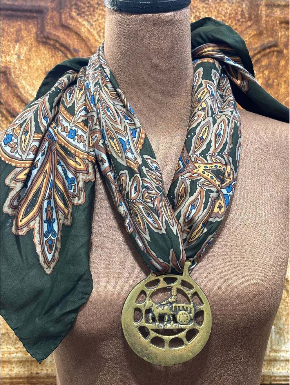 Silk Scarf Necklace with Horse Brass Medallion